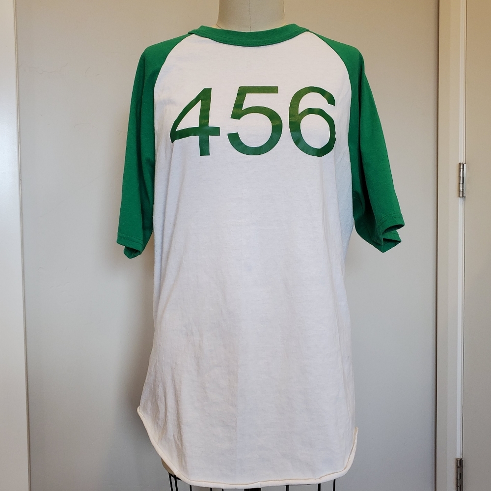 Custom made 456 shirt. Green and white with raglan short sleeves. Large unisex